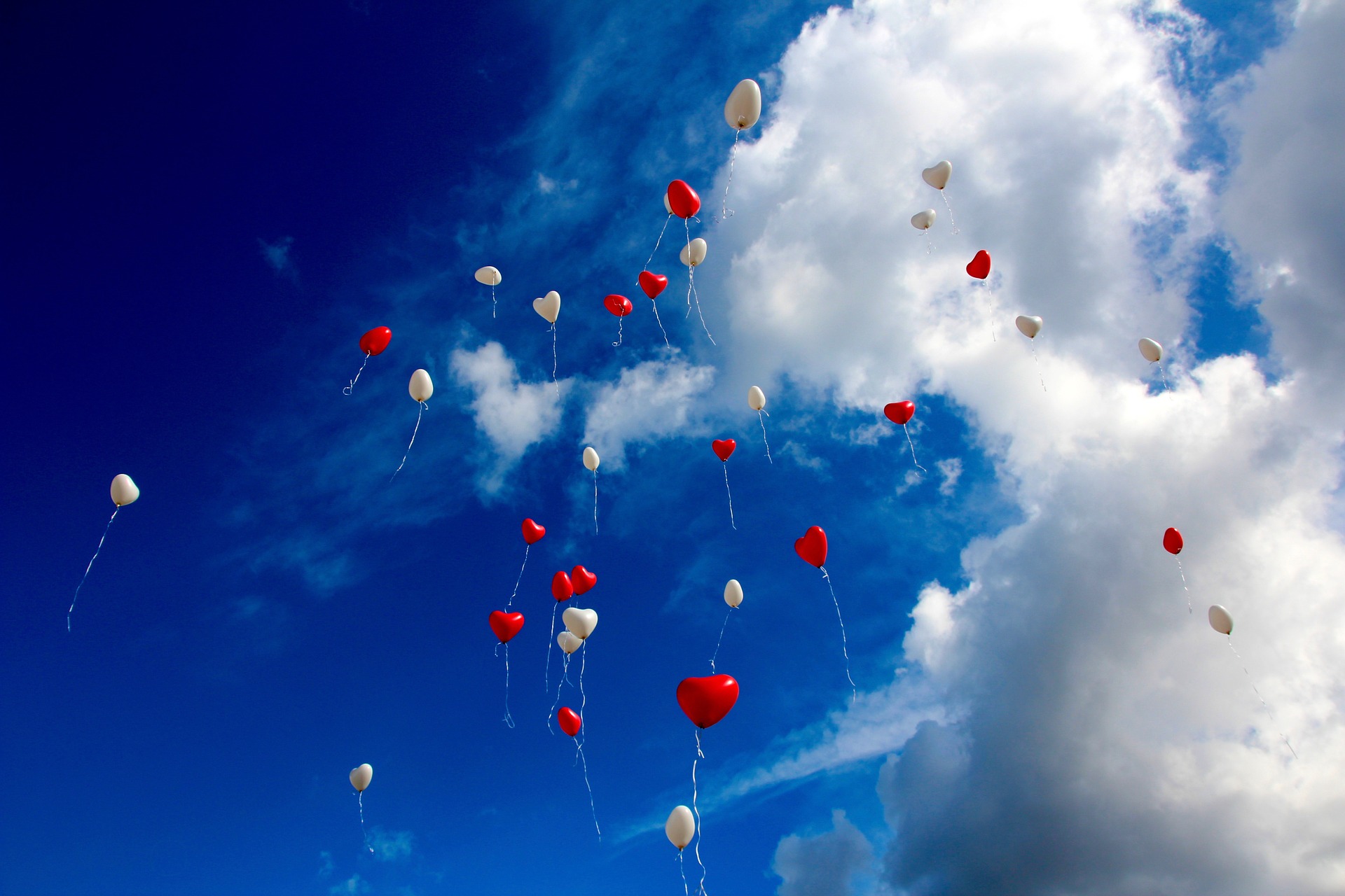 Dozens of red and white heart-shaped balloons floating through bright blue sky